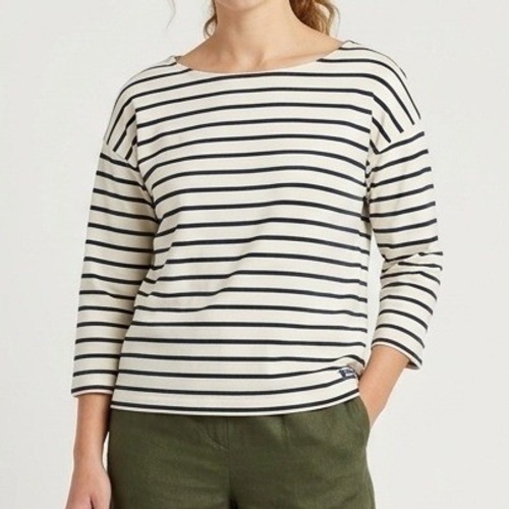 LL Bean Striped Boatneck Top Womens S Ivory Black 3/4 Sleeve Pique New England